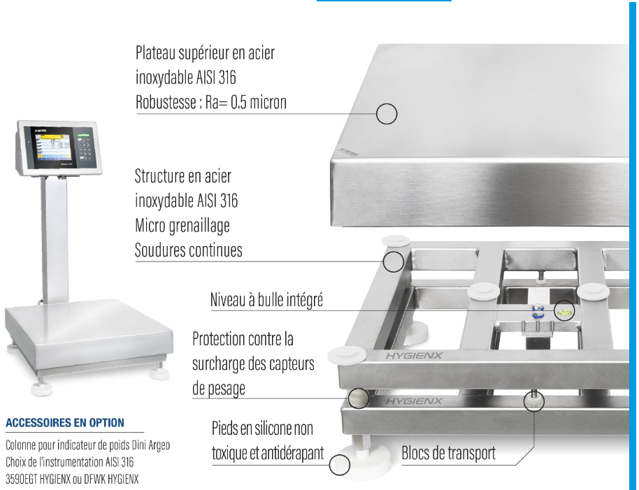 Plateau supérieur et structure en acier inox AISI 316 hygiène